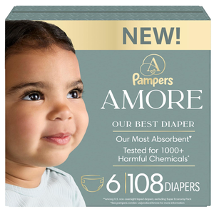 Pampers Amore, Size 6 (23-44 lbs), 108 Count, Our Best Diaper – Hypoallergenic & Fragrance Free, Up to 100% Leakproof, Soft as Cashmere