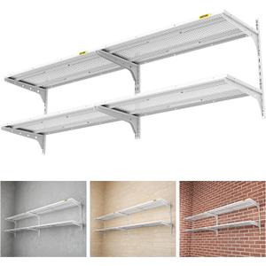 Aecxm 2-Pack 2 Tier 1.3x3ft Garage Shelving Wall Mounted, 500lbs Load Capacity，15.6x36inch per Shelf Height Cassette Adjustable Floating Shelves White, 4pack-1.3x3ft