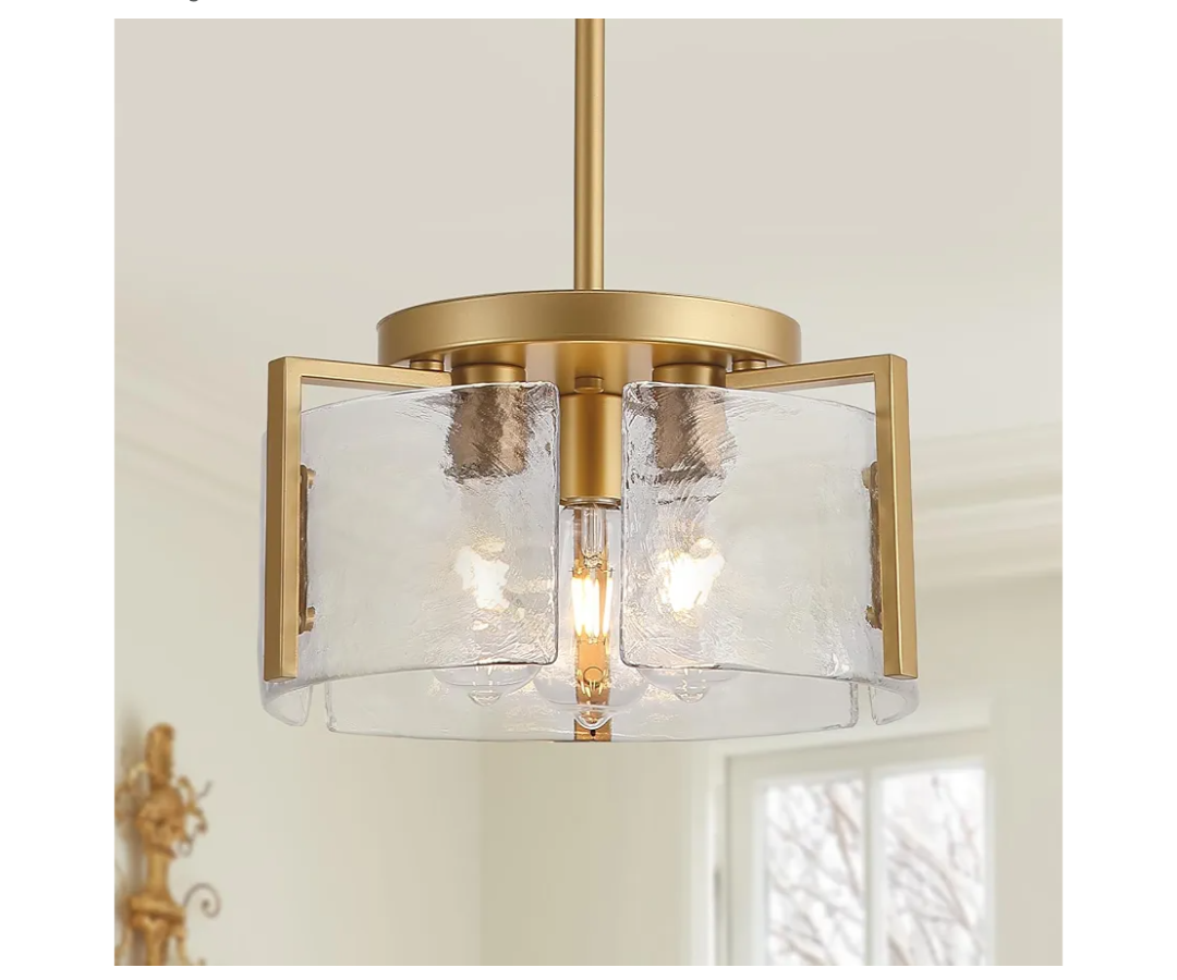 MIAYBPH Glass Drum Chandelier for Dining Room, 3Light Gold Modern Chandelier Farmhouse Lights Kitchen Lighting Fixtures Over Table for Foyer Entryway Hallway Laundry Room Bedroom Bathroom