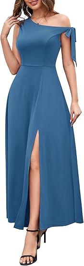 BeryLove Women's Formal Elegant Wedding Guest Dresses One Shoulder A Line Maxi Cocktail Slit Dress, Size S GREY/BLUE