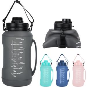 Collapsible Water Bottles, 2L/64OZ travel water bottle Bottle with Straw, Half Gallon Large Water Bottle for Travel Outdoor Sports Runing Fitness Yoga (Upgraded black)