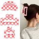 YUEELI 2 PCSx 3 PACK Checkered Hair Claw Clips for Thin and Medium Fine Hair, Rectangle Hair Clips Y2K Hair Barrettes 90s Hair Accessories for Women, Black and Pink