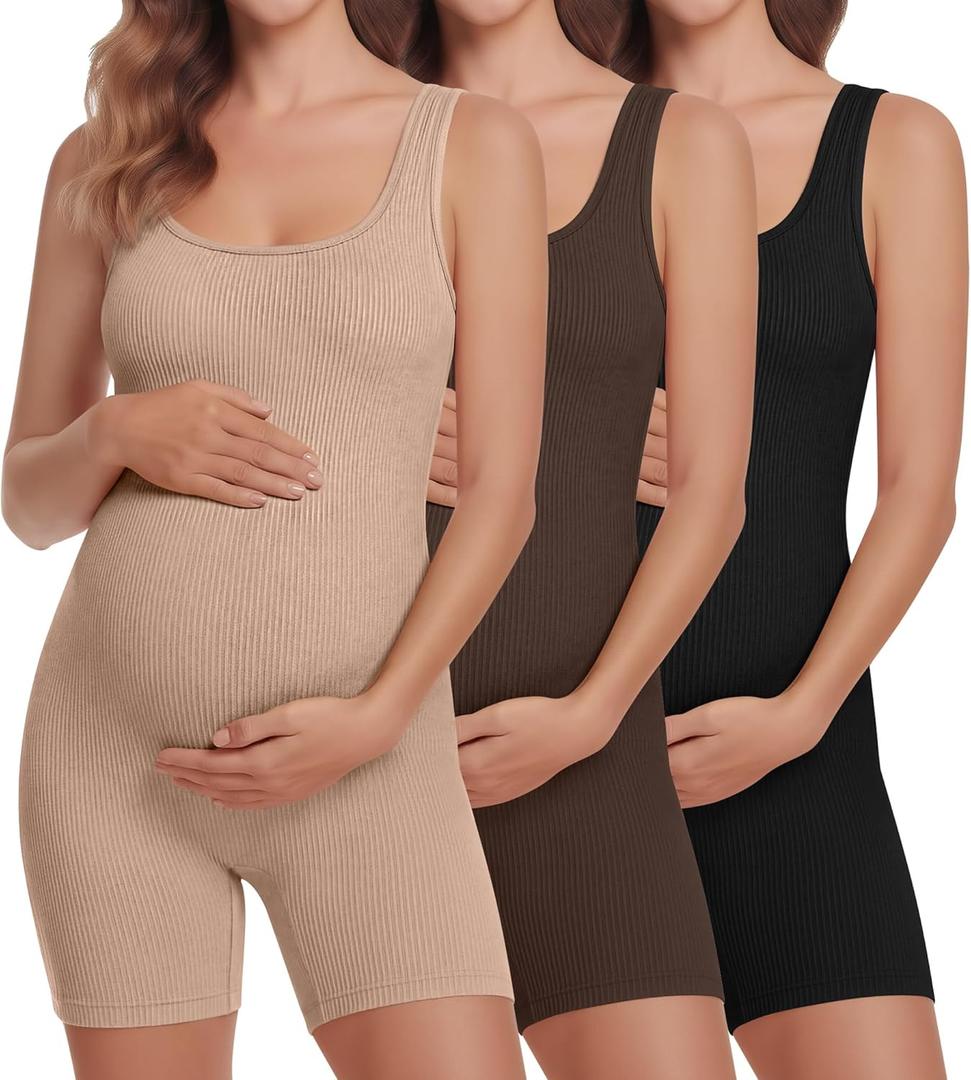3 Pcs Maternity Rompers for Women Pregnancy Cotton Bodysuit Ribbed Shorts Jumpsuit Shapewear Workout Tank Tops (M)