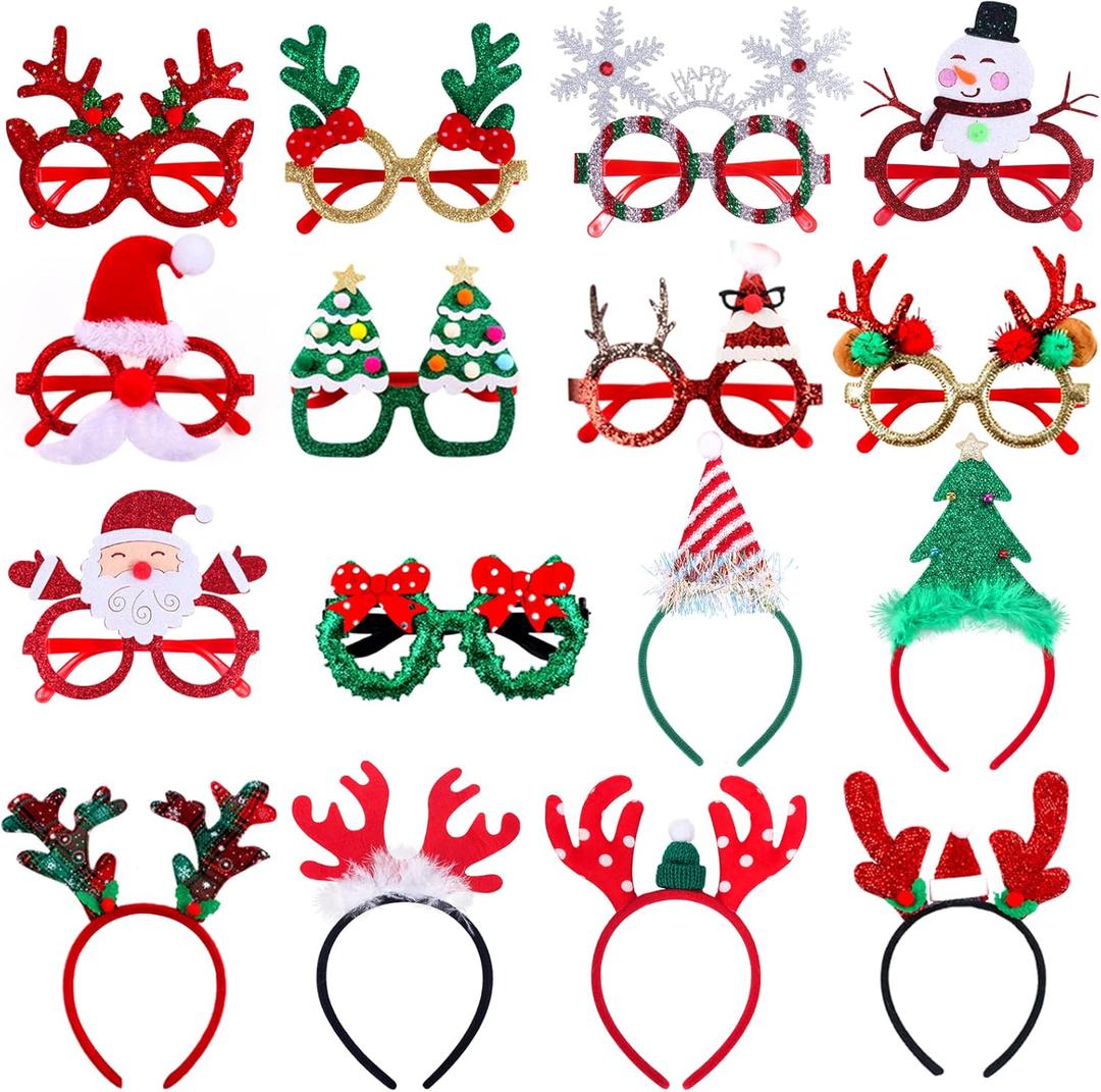 Atonofun Christmas Party Favors, 16 Pcs Glittered Headbands and Glasses Frames Set With Assorted Design for Party Supplies, Gifts for Adults Kids