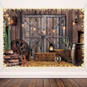 Moukeren 6.6 x 9.2 ft Western Party Backdrop Western Cowboy Party Decoration Wild West Decor Wooden House Barn Photo Background for Birthday Wedding Supply