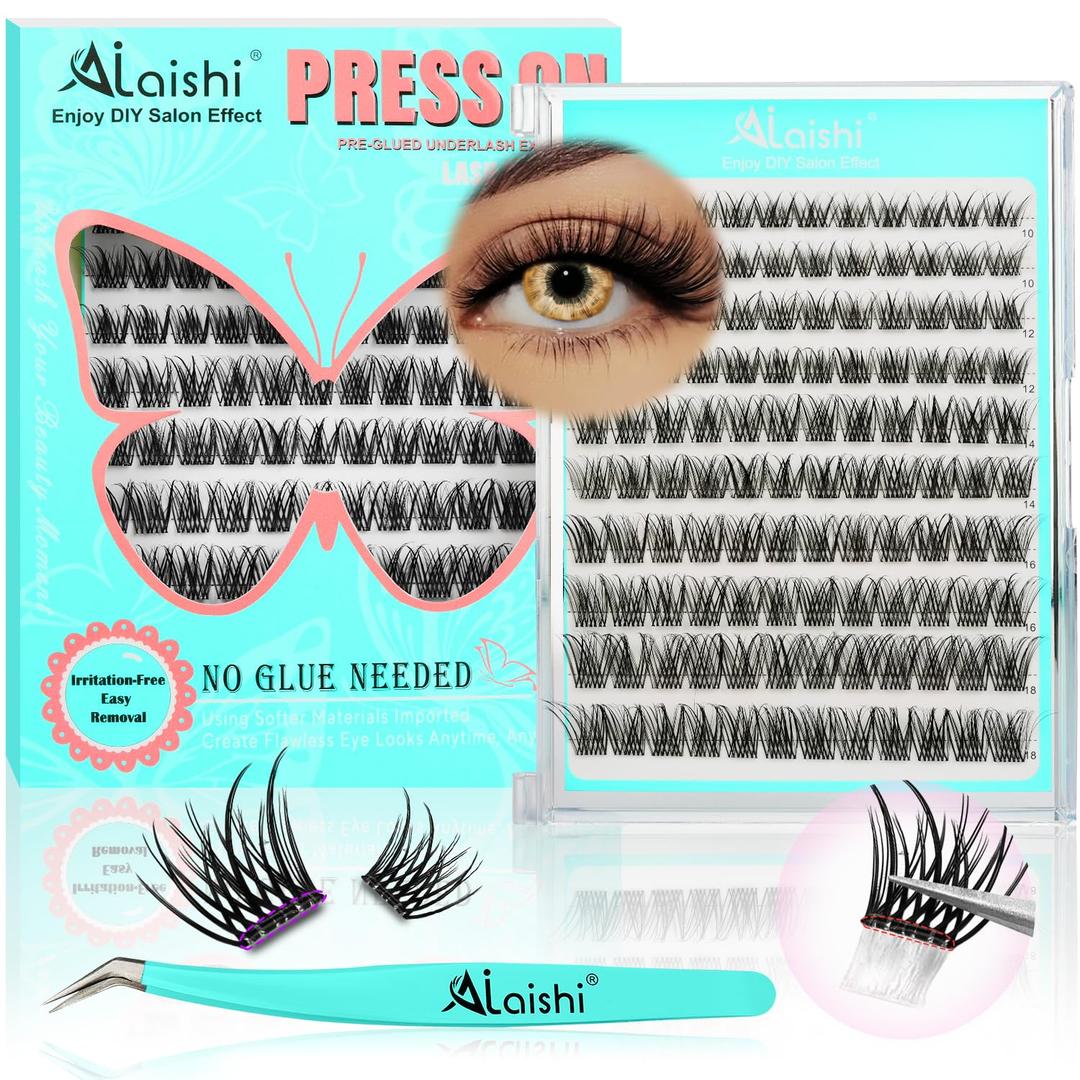 No Glue Needed Lashes, Self Adhesive Eyelashes, DIY Lash Cluster Eyelash Extensions Kit 1018mm,120pcs Fluffy D Curl Soft Natural Lashes with TweezersFake Cat Eye Wispy Individual Clusters(NGDY101)