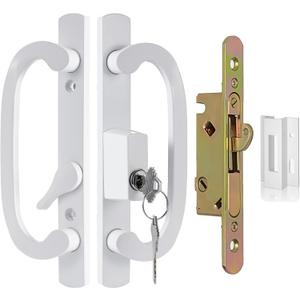 Keyed Sliding Patio Door Handle Replacement with Zinc Diecast I/E Pulls, Offset Thumbturn - Fits 1-3/8" to 2-1/4" Thick Door, 3-15/16" Hole Spacing, Non-Handed, with Mortise Lock + Keeper