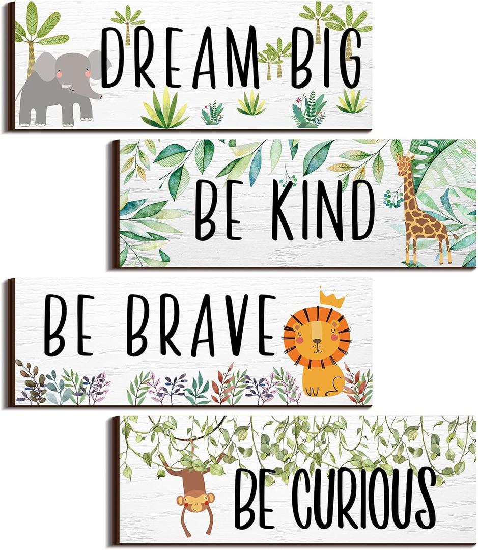 4 Pieces Woodland Nursery Decor Baby Safari Nursery Decor Kids Cute Jungle Animal Room Decor Nursery Decorations for Baby boy Bedroom Toddler Room 11x 3.9 Inches (White Background, Lively Animals)