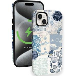 Compatible for iPhone 16 Plus Case Compatible with MagSafe [6ft Drop Tested] Rugged Shockproof Protective Phone Case for Women Men Summer Coastal Sea Shell Ocean Collage Blue Aesthetic Design