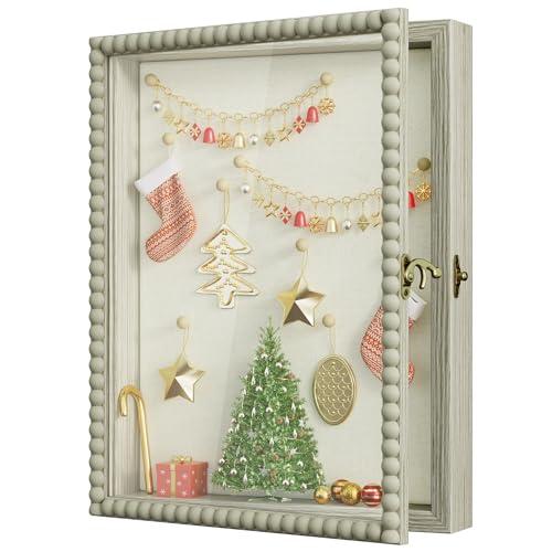 Love-KANKEI Shadow Box Frame 11x14, Deep Large Shadow Box Display Case with Unique Beads Door and Glass Window, Wood Memory Box for Pictures, Medals, Memorabilia, Collections Rustic Grey