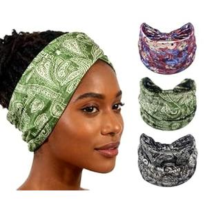 XEF Headbands for Women Bohemian Wide Floral Thick Hair Band No Slip Gym Elastic Twist Knot Athletic Headband Sweatbands Fashion Hair Accessories for Teen Girls