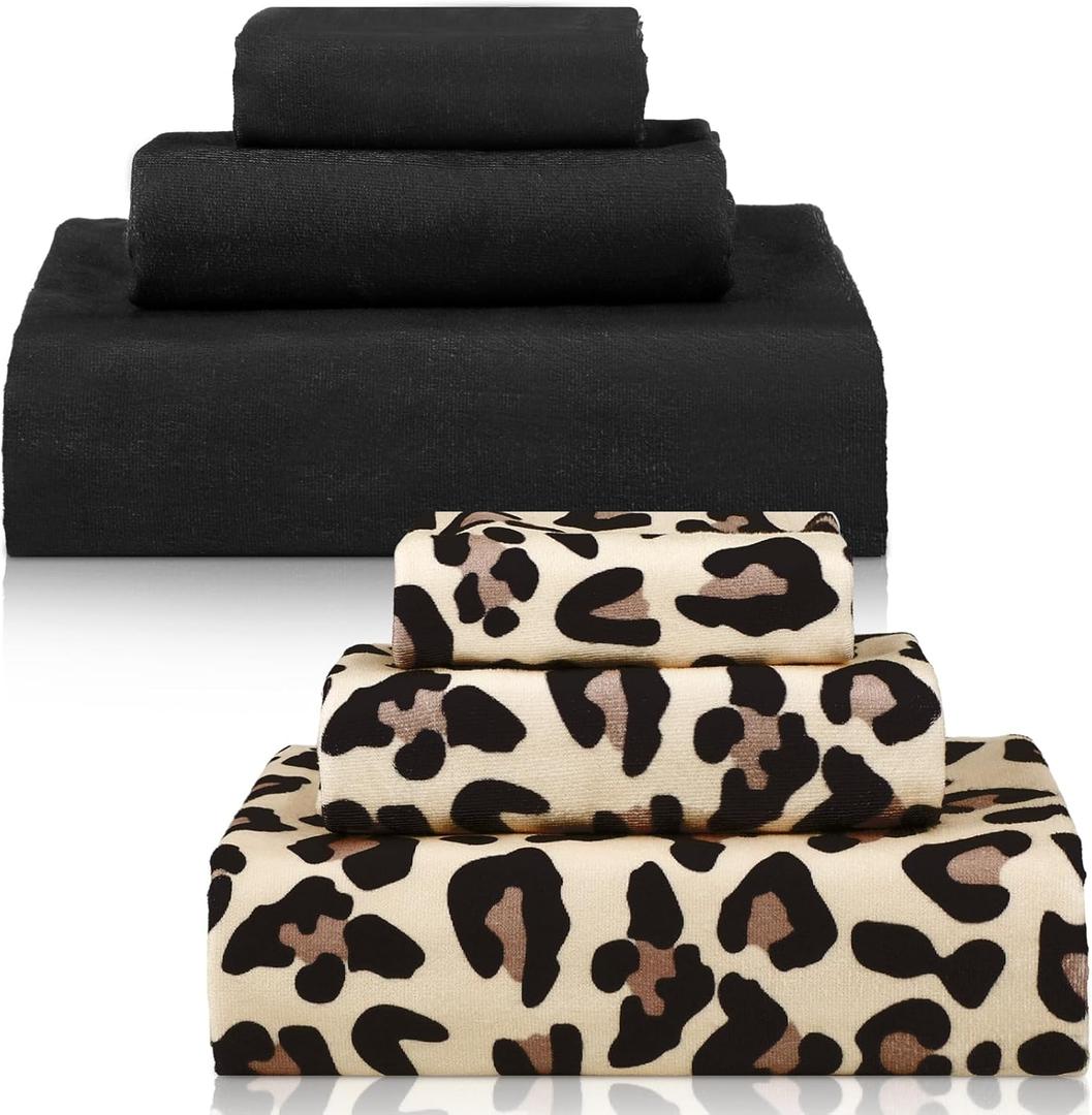 6 Pcs Bathroom Leopard Towel Set 2 Bath Towels 2 Hand Towels 2 Washcloths, Soft Absorbent Shower Guest Towel Decorative for Hotel Spa(Brown Leopard Print and Black)