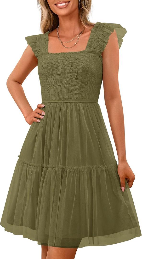 PRETTYGARDEN Womens 2025 Trendy Mini Summer Dresses Sleeveless Tulle Ruffle Square Neck Tiered Smocked Beach Vacation Dress (Green, S)