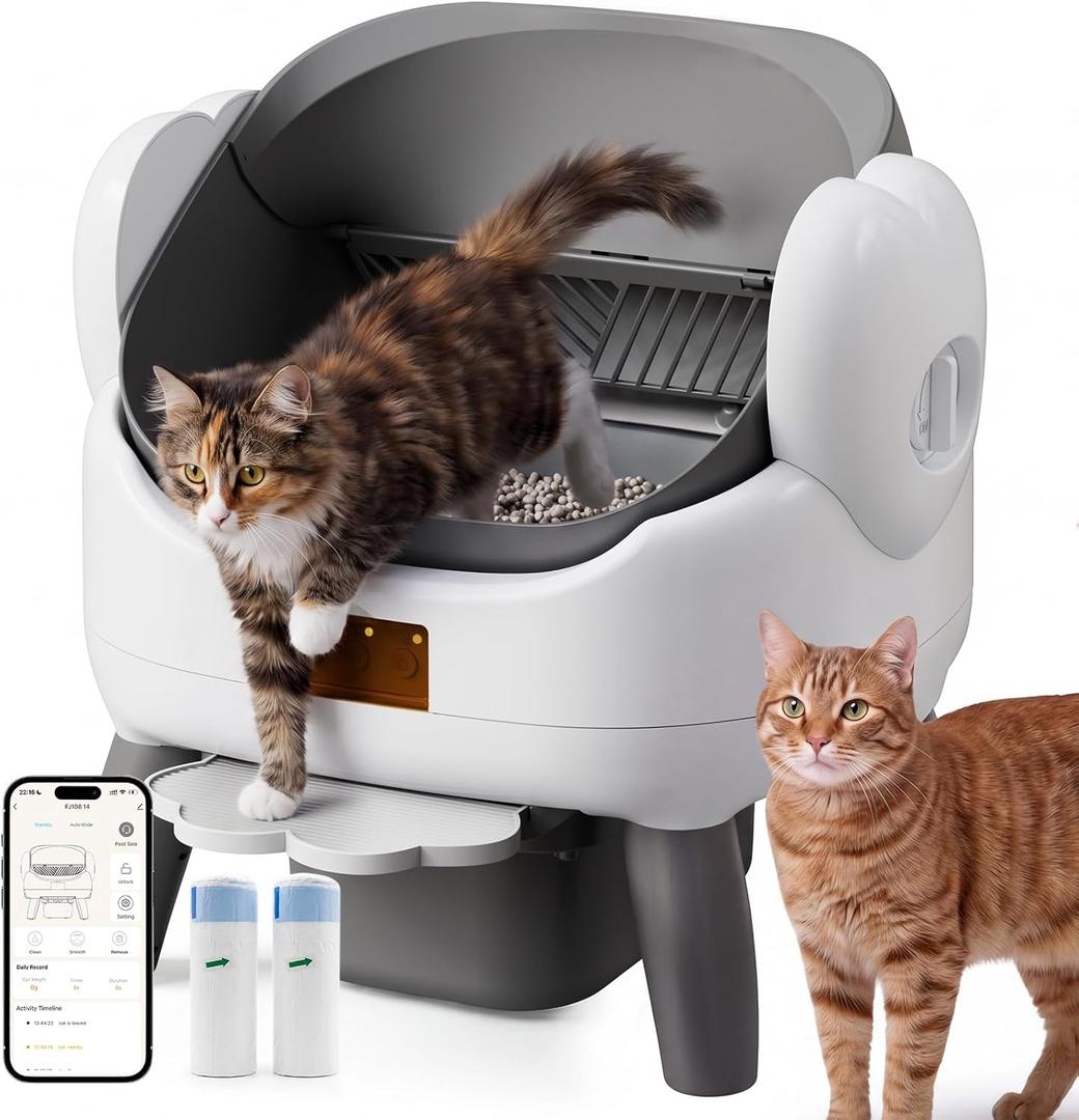 Automatic Litter Box Self Cleaning, Automatic Cat Litter Box for Multiple Cats with App Control, Open Top Self Cleaning Litter Box - Safety Protection, Easy Setup, Gray