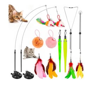 QAWRZZPR 4in1 Interactive Cat Toy for Indoor Cats – Retractable Cat Wand, 2Pole Suction Cup, Catnip Pillow, 14+ Accessories – SelfPlay & Interactive Cat Feather Toys with Safe Durable Materials