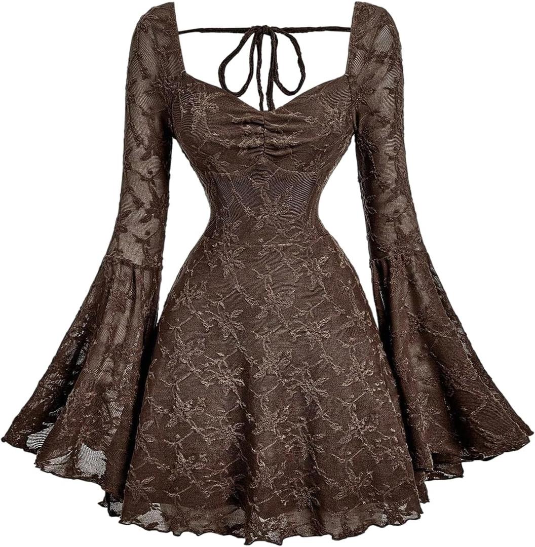 WDIRARA Women's Floral Jacquard Mesh Gothic Dress Bell Long Sleeve A Line Vintage Dresses (Coffee Brown)