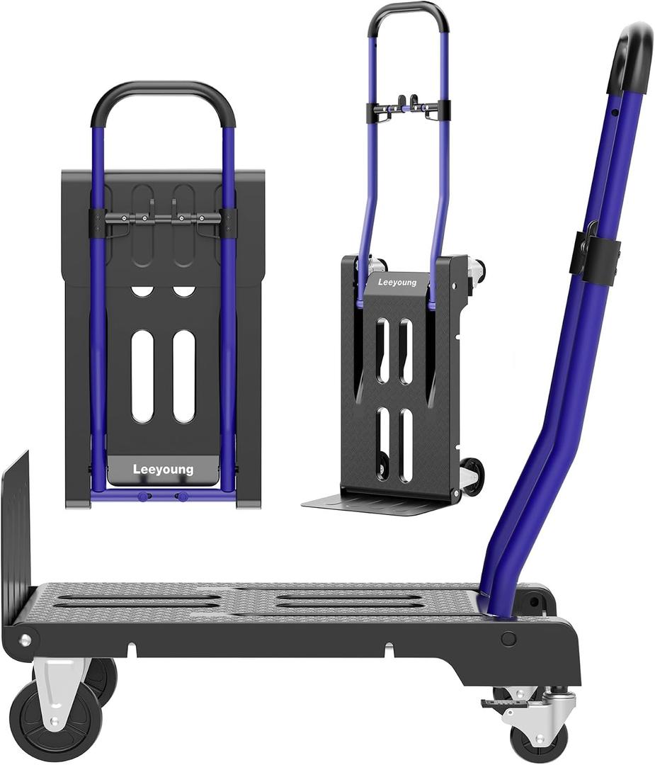 3-in-1 Folding Hand Truck – 330lbs Portable Dolly cart with Adjustable Handle,360° Swivel Casters & One-Touch Parking Brake – Collapsible Dolly for Warehouse,Moving Place,Travel & Convenient Storage