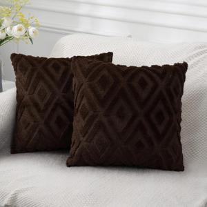 Pallene Soft Faux Fur Throw Pillow Covers 18x18 Set of 2 - Plush Wool Decorative Couch Pillow Covers for Sofa Bed Living Room - with 3D Diamond Pattern - Brown