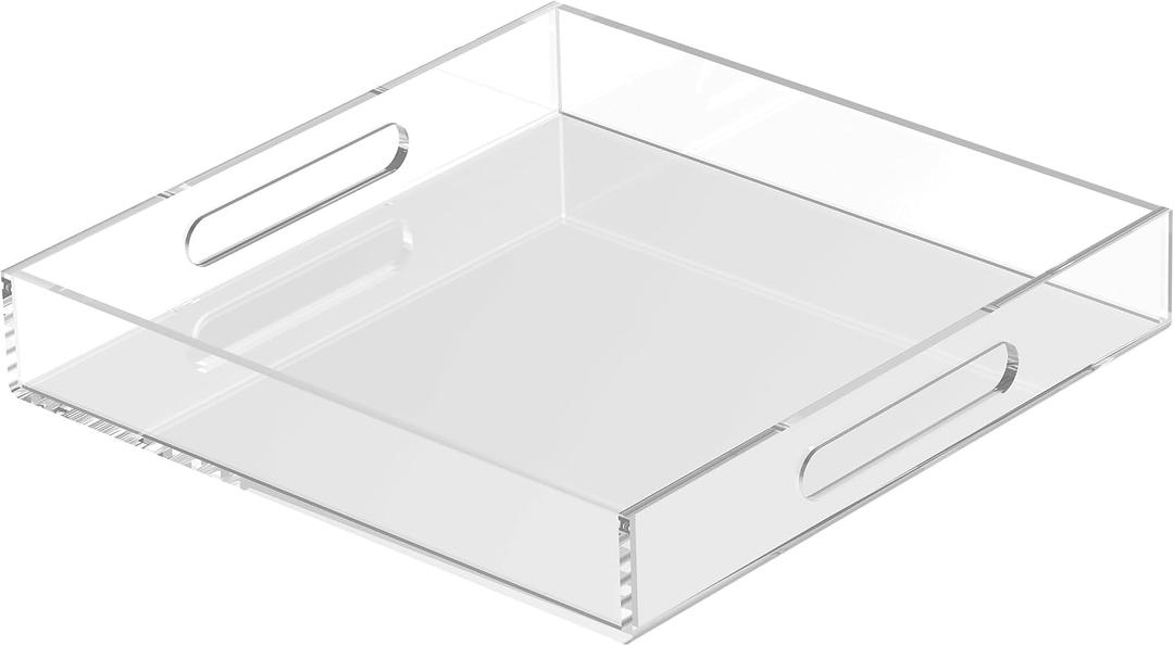 Acrylic Tray 15x15 with Cut Handles - Spill Proof Decorative Tray is an Ideal Countertop Organizer for Living Rooms, Ottoman Coffee Tables, Offices, Kitchens & Serving Guests