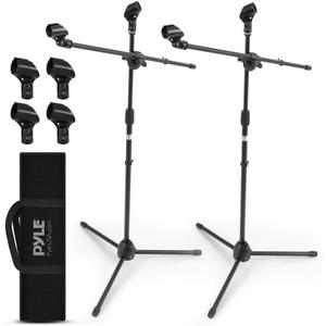 Pyle Universal Adjustable Tripod Microphone Stand - Pair of Heavy Duty Lightweight Professional Compact Extendable Stage Studio Floor Standing Boom Mic Holder w/ Carry Bag, 5/8" Adapter