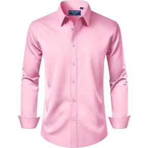 Alimens & Gentle Men's Dress Shirt Regular Fit Stretch Stain Shield Long Sleeve Solid Business Wedding Button Down Shirts (Large, Pink)
