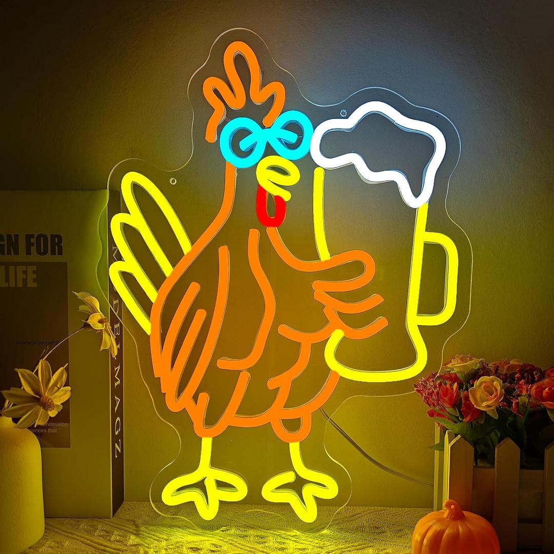 Beer Cock Neon Sign Funny Rooster Neon Light for Wall Decor Man Cave, Dimmable Beer Chicken for Bar Pub Club, Birthday Christmas Thanksgiving Day Rooster Gift Decor