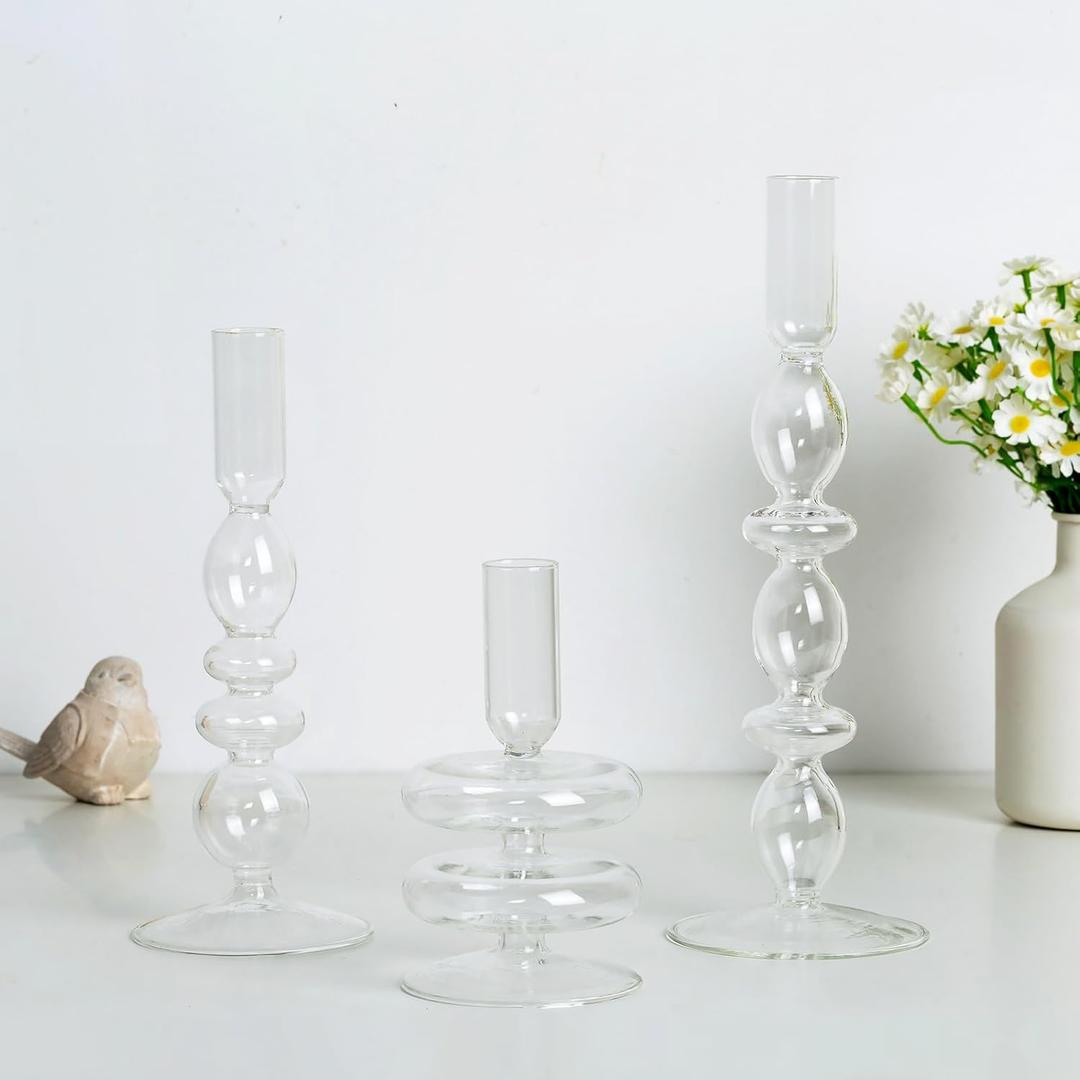 Hewory Glass Candlestick Holders: Clear Glass Taper Candle Holders Set of 3 Vintage Candle Stick Candle Holder, Colorful Glass Candle Holders for Table Centerpiece, Wedding, Dinner, Party, Home Decor