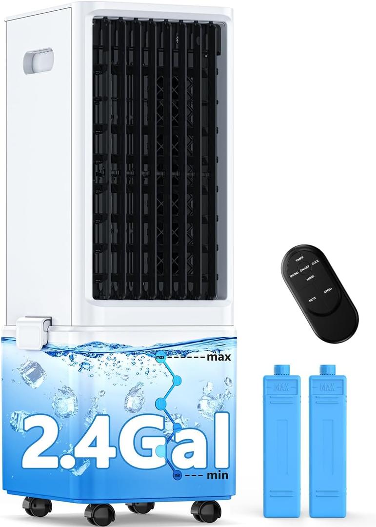 4-IN-1 Portable Air Conditioners with 4 Modes & 3 Speeds, Mute Operation, Waterless Alert System, 2.4-Gal Tank for 20H Cooling, 20FT Remote & 12H Timer, Evaporative Air Cooler for Room Bedroom