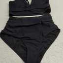 Women's High Waisted Bikini Sets Push Up Twist Front Spaghetti Straps Ruched Two Piece Swimsuit Bathing Suit (Black), Small