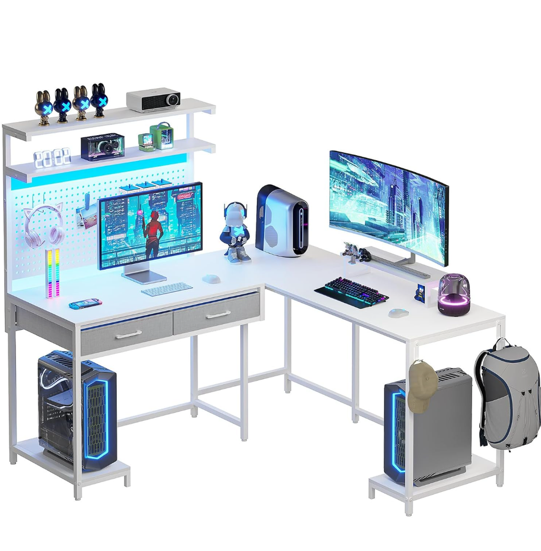 SEDETA White L Shaped Gaming Desk with LED Lights and Drawers, Gaming Desk with Hutch & Pegboard, Computer Desk with Monitor Stand, Storage Shelves, Home Office Desk Corner Desk, Gaming Table