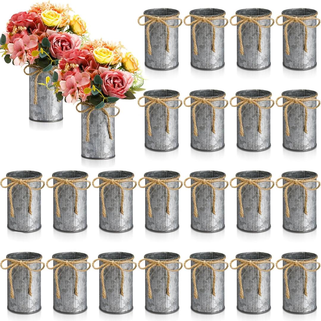 Rustic Vase for Table Centerpieces 4.33 Inch Small Petite Flower Vase with Twine Bow Vintage Farmhouse Decor for Wedding Reception Dining, Home Galvanized Metal Buckets (Iron Color, 24 Pcs)