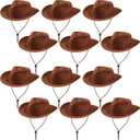 Hicarer 12 Pieces Western Cowboy Hat Set Plastic Felt Wide Brimmed Felt Cowgirl Party Hat for Men Women Costume Party (Brown)
