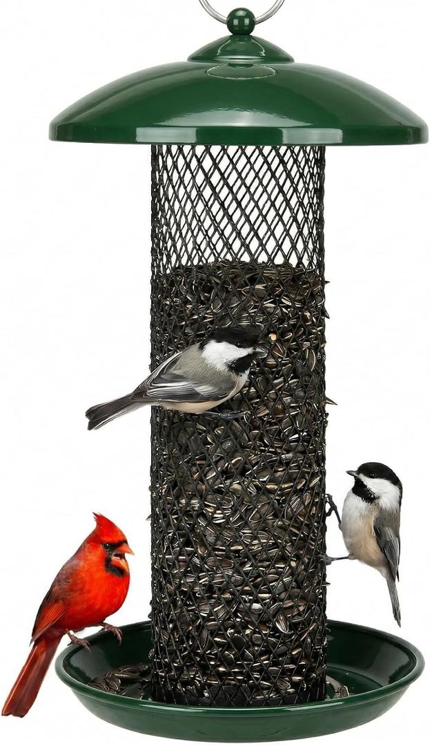 Kingsyard Mesh Tube Bird Feeders for Outdoors Hanging, All Metal, Wild Bird Feeder for Sunflower Seeds or Mealworm, Large Tray & Weatherproof Roof, 2.5 lbs Capacity (Dark Green)