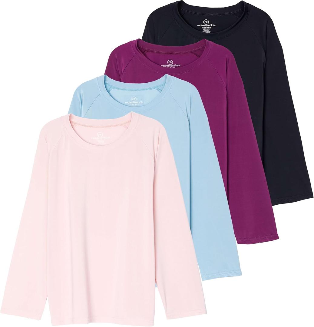Real Essentials 4 Pack: Girls Rash Guard Swim Shirts Long Sleeve UPF Sun Protection Tops (Ages 416) (S)