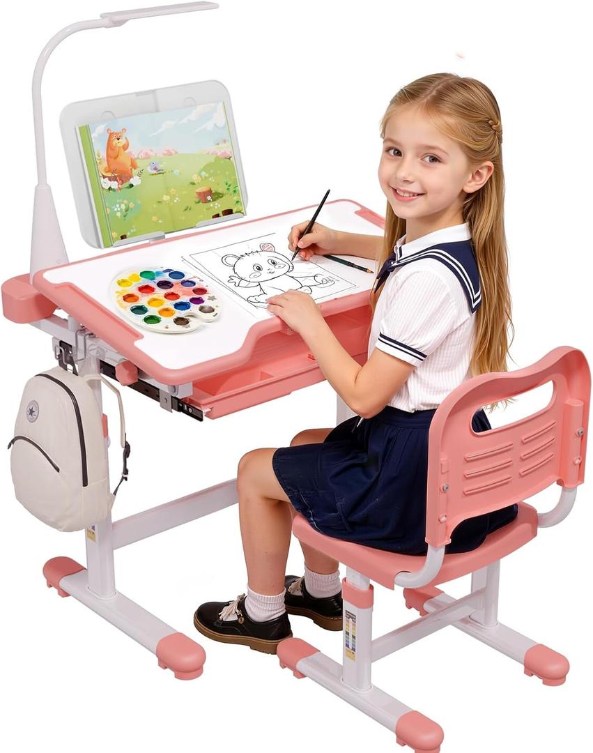 BIERUM Kids Desk and Chair Set - Height Adjustable 55 Tiltable Student Desk, Ergonomic Widened Desktop Table with Painting Mat, Bookstand and 3 Modes LED Lamps for Kids Ages 3-12, Pink