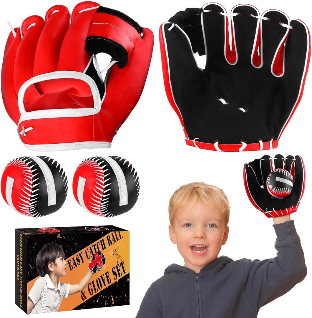 Aodaer 2 Pack T Ball Sets Baseball Glove and Ball Set for Teenager Easy Catch, Yard Lawn Game, Baseball Play - Black and Red (Red, S)