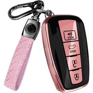 Lucrum Compatible with Toyota Key Fob Cover & Leather Keychain, Keyfob Case for Avalon Camry Corolla Prius RAV4 Highlander (Black & Pink)
