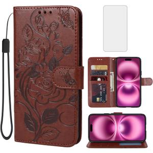 Case for iPhone 16 Plus Case, Apple 16 Plus Wallet Case with Tempered Glass Screen Protector, Flower Leather Flip Credit Card Holder Stand Phone Cover Cases for iPhone 16 Plus Brown