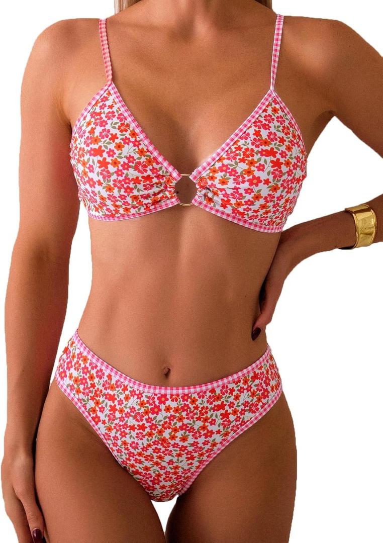 Fanuerg Women's Triangle Bikini Sets O Ring Linked Two Piece Swimsuits Floral Printed Cheeky Bathing Suit, Small, Red Floral