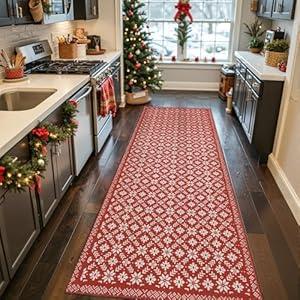 jinchan Knit Look Christmas Runner Rug 3x8 for Kitchen Red Holiday Rug for Hallway Kitchen Classic Snowflake Printed Xmas Decor Washable Runner for Entryway Bedroom Non-Slip Ivory on Red