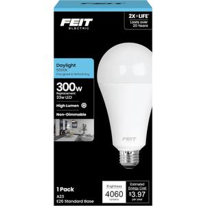 Feit Electric A23 LED Light Bulb, 300W Equivalent, Non-Dimmable, 4060 Lumens, E26 Standard Base, 5000k Daylight, 80 CRI, High Output LED Bulb, Damp Rated, 22 Year Lifetime, OM300/850/LED