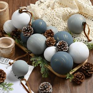 Waipfaru 14Pcs Large(3.15/2.36") Neutral Textured Christmas Balls Ornaments Vintage Rustic Christmas Tree Decorations Shatterproof Hanging Ball for Xmas Farmhouse Decor(Winter Twilight Color) (White Gray and Dark Blue)