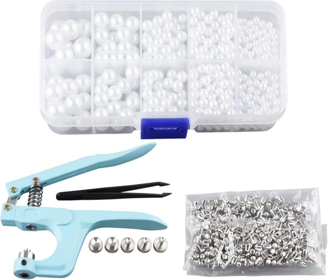 1Set Manual Pearl Setting Machine, Hand Press Machine with Acrylic Pearl Beads Kit, Hand-Beaded Rivet Fixing Machine for DIY Crafts Accessories (White Beads)