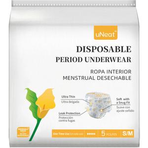 uNeat Disposable Period Underwear for Women, Teens and Girls, Unscented, Ultra-Thin and Leakproof Overnight Period Panties for Adult and Tweens (Size S/M, 5 Ct)