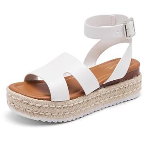 SILENTCARE Women's Comfortable Wedge Platform Espadrille Sandals - 2024 Summer Sandles Dressy Fashion Open Toe Buckle Ankle Strap Beach Sandal, Color White, Size 7.5