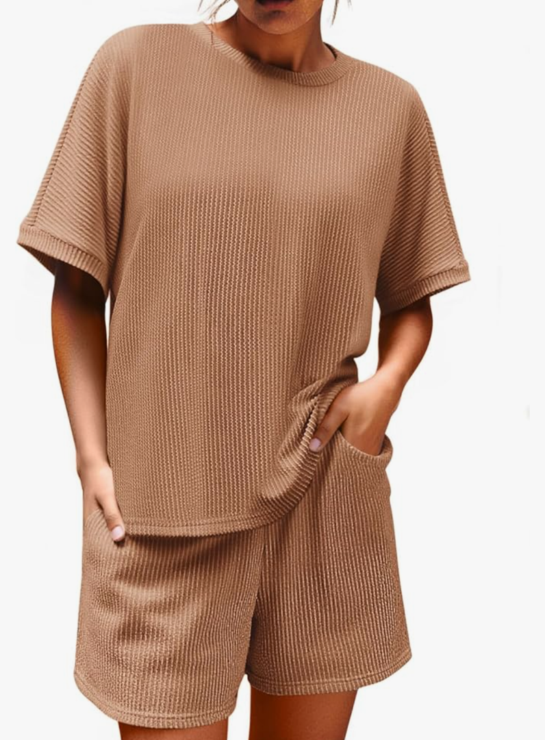 Imily Bela Womens 2 Piece Outfits 2025 Oversized Summer Short Sets Casual Beach Ribbed Short Sleeve Matching Set 2XL