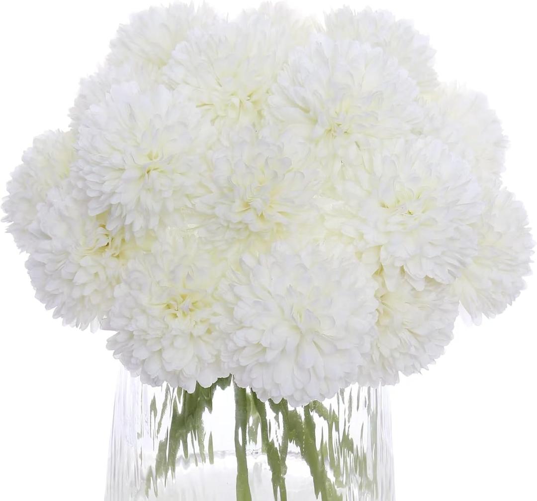 Kimura's Cabin 20Pcs Fake White Flowers Artificial Chrysanthemums Ball Flower Faux Silk Mums Flowers for Wedding Party Home Kitchen Table Core Decoration DIY Bouquets (White)