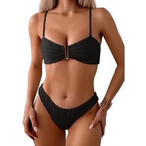 Fanuerg Women's Ribbed Bikini Sets U Wire Adjustable Spaghetti Straps Swimsuit Textured Ruched Two Piece Bathing Suit size L