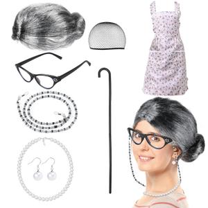 Old Lady Wig Accessories Old Women Grandma Granny Costume for Halloween Cosplay 100 Days of School (Set B)