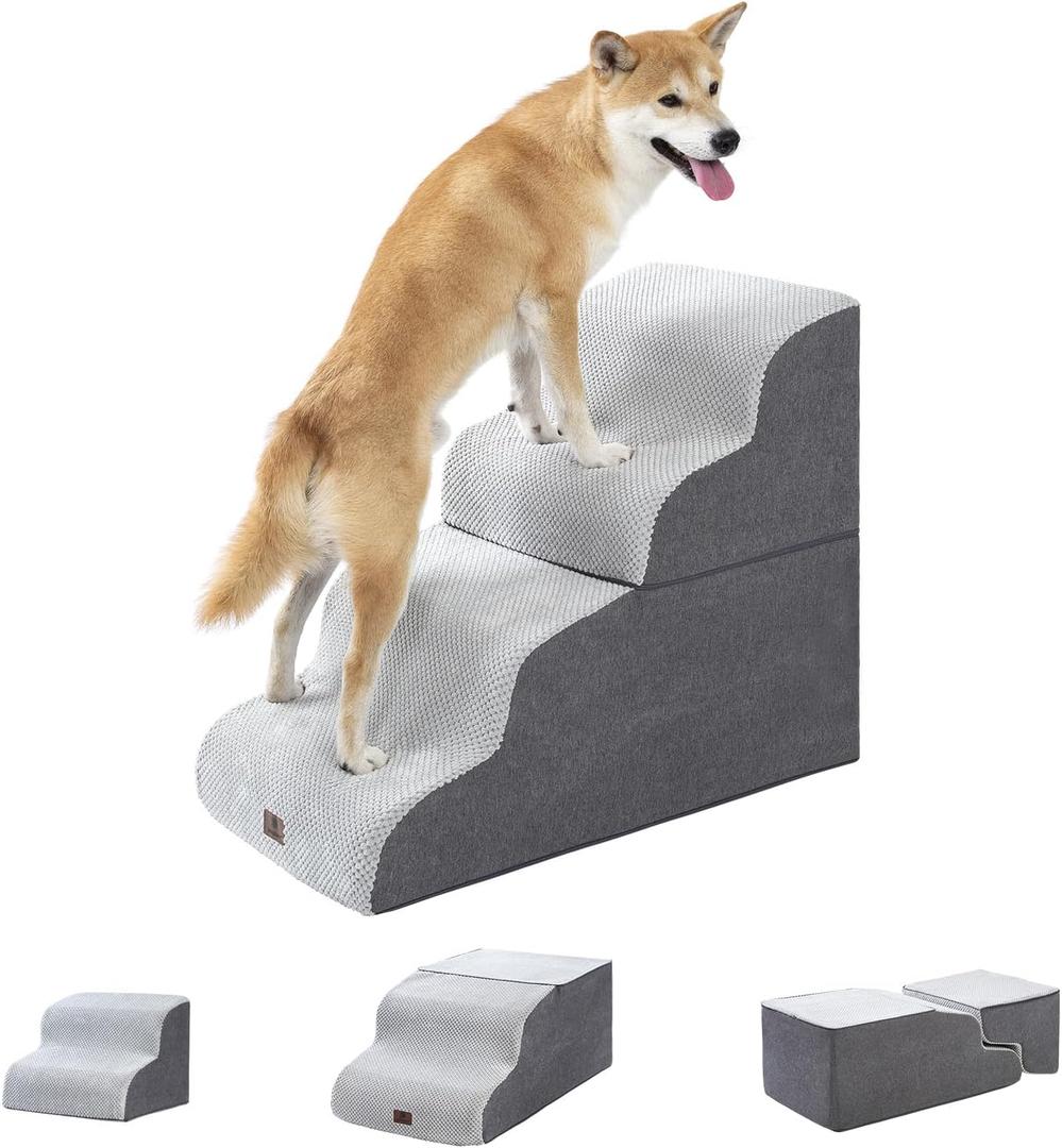 Pettycare Dog Stairs Ramp for High Beds and Couch,Curved Dog Steps for Small Pets, Pet Stairs Non-Slip Balanced Portable Puppy Ramp Indoor, 4 Steps,Grey